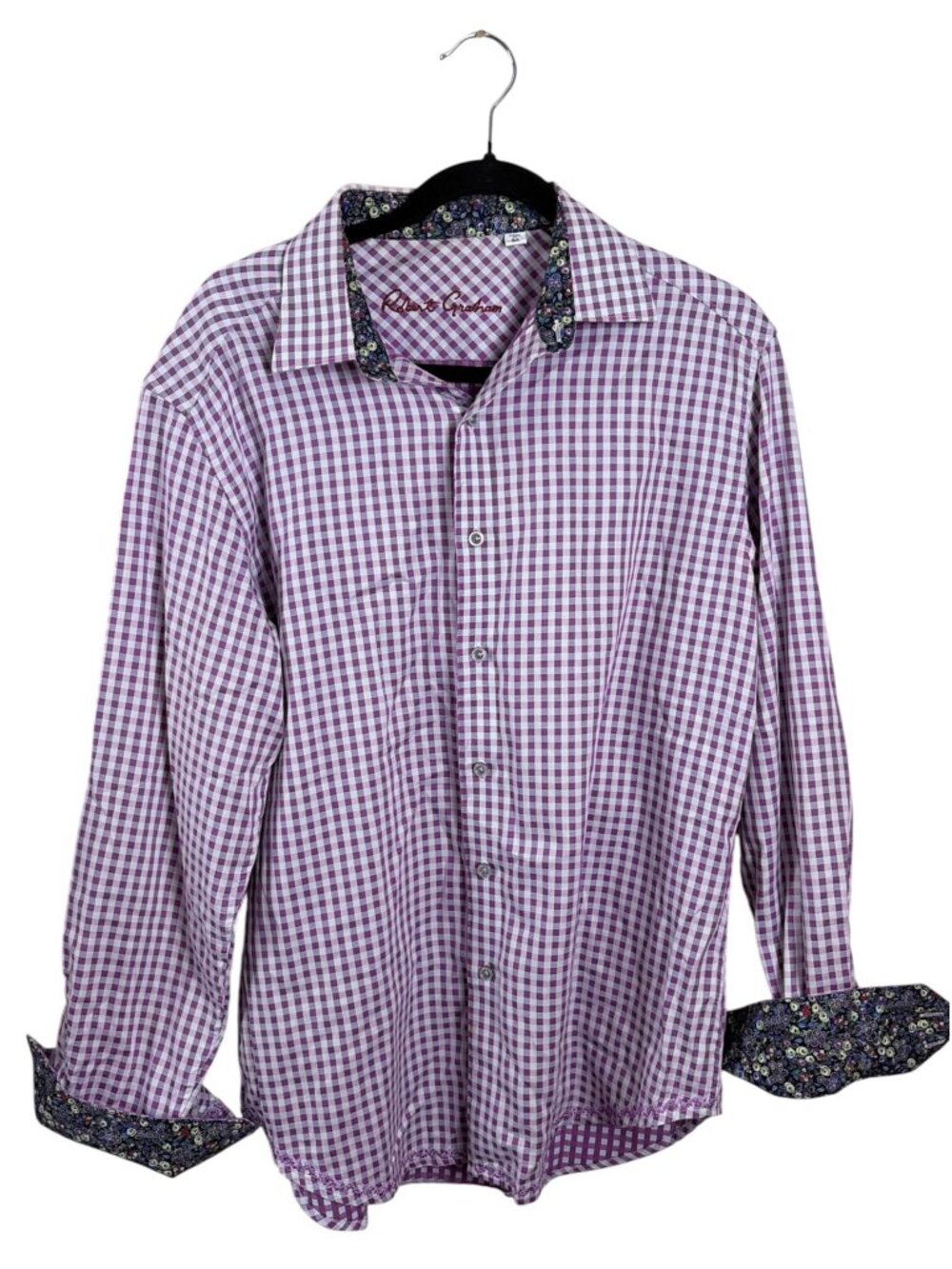 Robert Graham Mens Purple Gingham Long Sleeve Button-Down Shirt With Floral Trim
